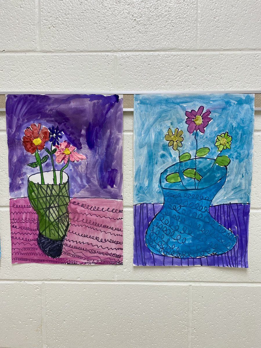 2nd Graders did an amazing job with these patterned flower vases! They added model magic clay to their flowers before painting for some texture.