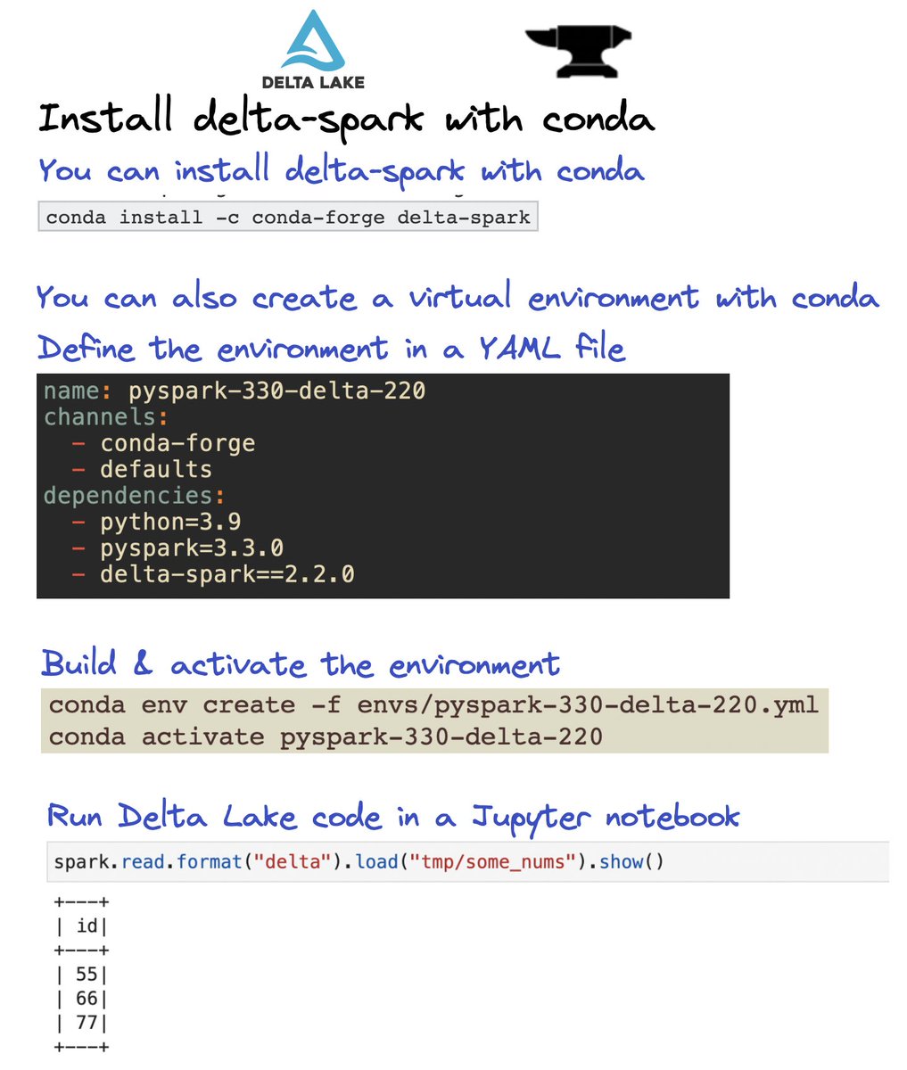 You can install #DeltaLake and #PySpark with conda as follows.

#deltalake #oss #opensource #conda
