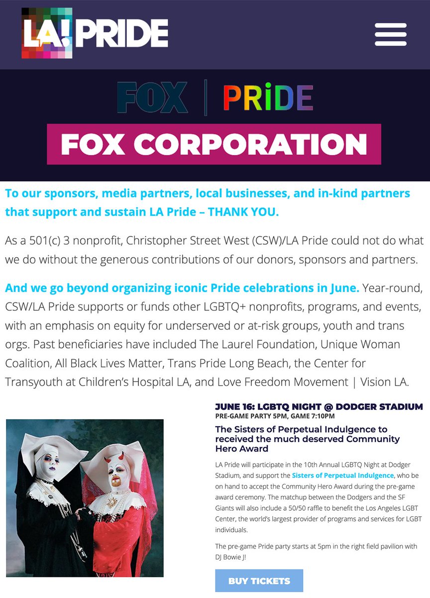 MeidasTouch's tweet photo. Nearly every day, Fox has railed against an LA Pride event with the LA Dodgers featuring drag group the Sisters of Perpetual Indulgence.

But there's one problem.

It turns out Fox Corporation, who operates Fox News, Fox Business and other entities, is a sponsor of the event. https://t.co/qkS8Z8kB1y