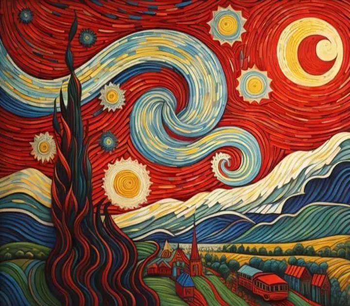 Red Starry night in another way .
#VanGogh #VanGoghart #starrynight 
#RedStarryNight 🎨