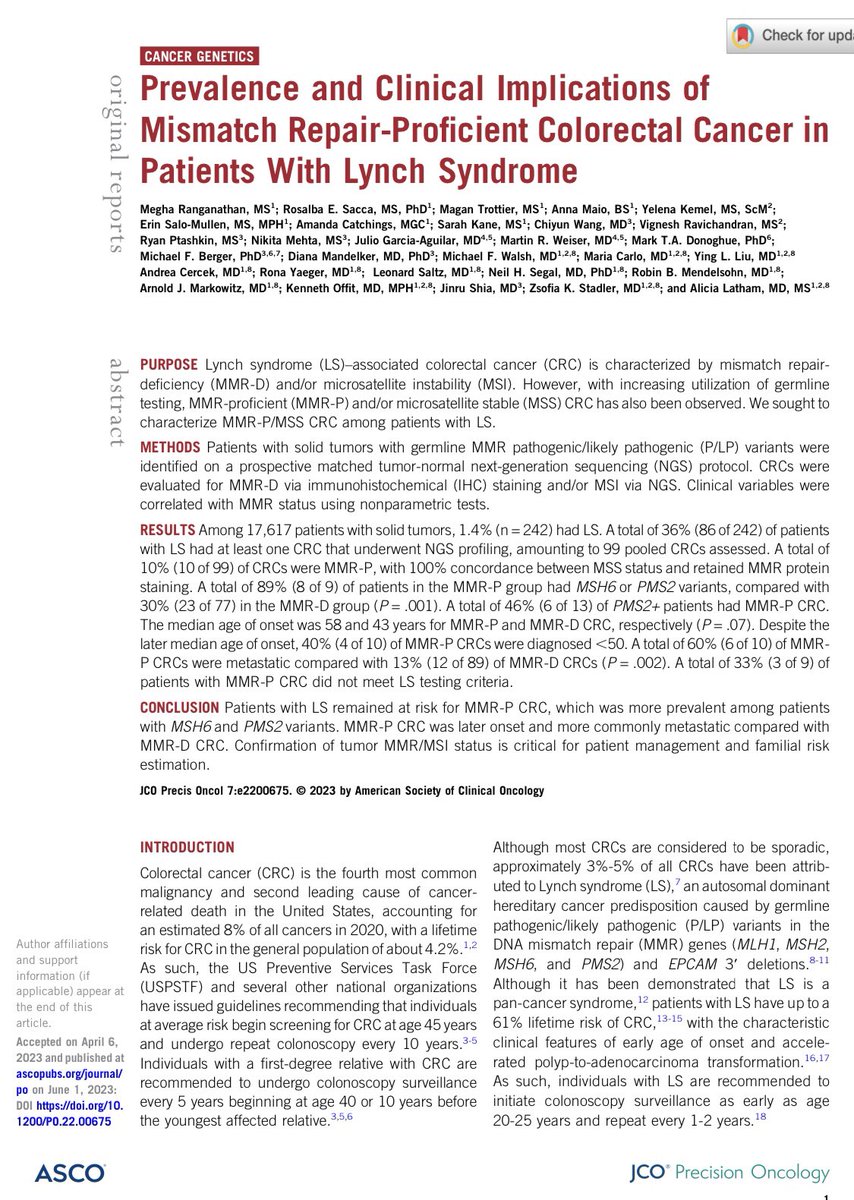 Megha Ranganathan (@meghar111) on Twitter photo So excited to share our paper on MMR-proficient colorectal cancer in #LynchSyndrome, published today in <a href="/JCOPO_ASCO/">JCO Precision Oncology</a>! 🔬🧬☺️ #hereditaryGIcancers
✔️10% of CRC in LS were MMR-P
✔️3.7% of all LS pts had MMR-P CRC
✔️Most were in MSH6/PMS2+ individuals
ascopubs.org/doi/abs/10.120… So excited to share our paper on MMR-proficient colorectal cancer in #LynchSyndrome, published today in <a href="/JCOPO_ASCO/">JCO Precision Oncology</a>! 🔬🧬☺️ #hereditaryGIcancers
✔️10% of CRC in LS were MMR-P
✔️3.7% of all LS pts had MMR-P CRC
✔️Most were in MSH6/PMS2+ individuals
ascopubs.org/doi/abs/10.120…