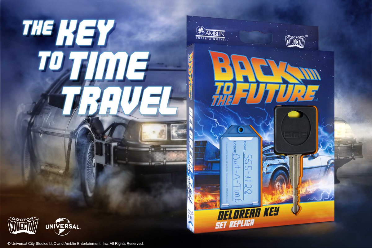 The key to time travel! The legendary DeLorean DMC-12's ignition key featuring window-box packaging perfect for display or to add your own keys, complete with Doc's transparent blue key ring. BacktotheFuture.store/products/back-…