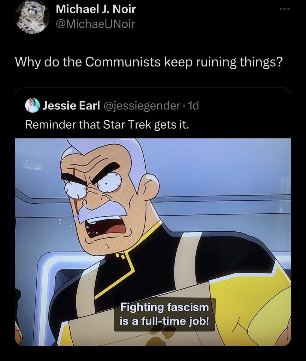 jessiegender's tweet image. Yes, how dare communists ruin *checks notes*… Star Trek, the franchise that has quoted Karl Marx several times! /s