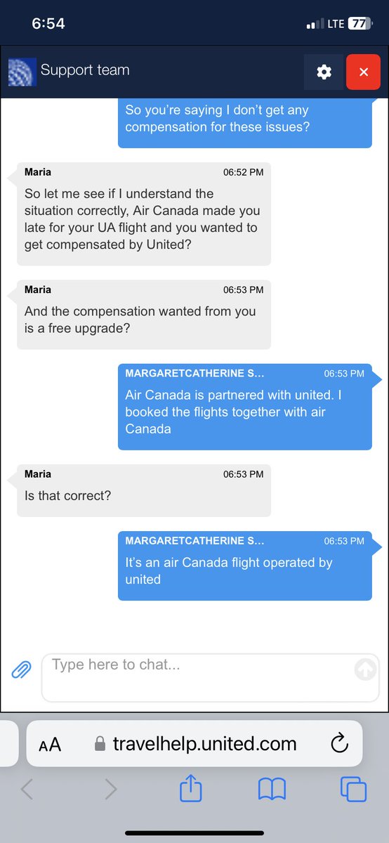 MaggieCatz's tweet photo. AC agent said talk to united re: upgrade. @united agent was super rude and condescending. Booked w/ AC but it’s a united flight and united isn’t responsible for the AC delay. Booked as a single trip through AC but united conveniently doesn’t need to be at all accountable here. https://t.co/xHk38ocQ30