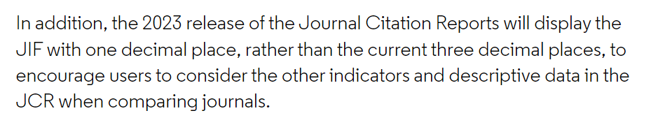 #JournalEditors know that June is #ImpactFactor month
I had missed this news from @Clarivate - new JIFs will have only *one* decimal place 
Makes sense - three decimal places was unnecessary