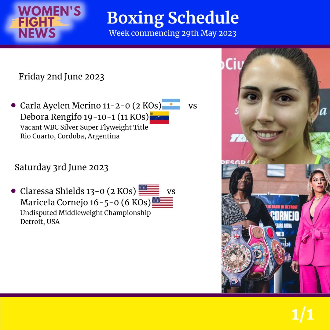 Boxing Schedule Week Commencing 29th May 2023 🥊

@Claressashields @maricelaladiva 

📸 Claressa Shields & Maricela Cornejo @Myartmyrules