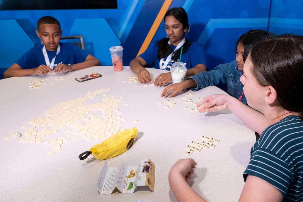 Scripps National Spelling Bee (@scrippsbee) on Twitter photo Our Bee spelling champions love to hang together, and they love a good word game. Thanks to our partner <a href="/bananagrams/">Bananagrams Inc.</a>, our spellers can do both at the same time. These spellers found the Bee Hive lounge a perfect place for a game before tonight's Championship Finals. Our Bee spelling champions love to hang together, and they love a good word game. Thanks to our partner <a href="/bananagrams/">Bananagrams Inc.</a>, our spellers can do both at the same time. These spellers found the Bee Hive lounge a perfect place for a game before tonight's Championship Finals.