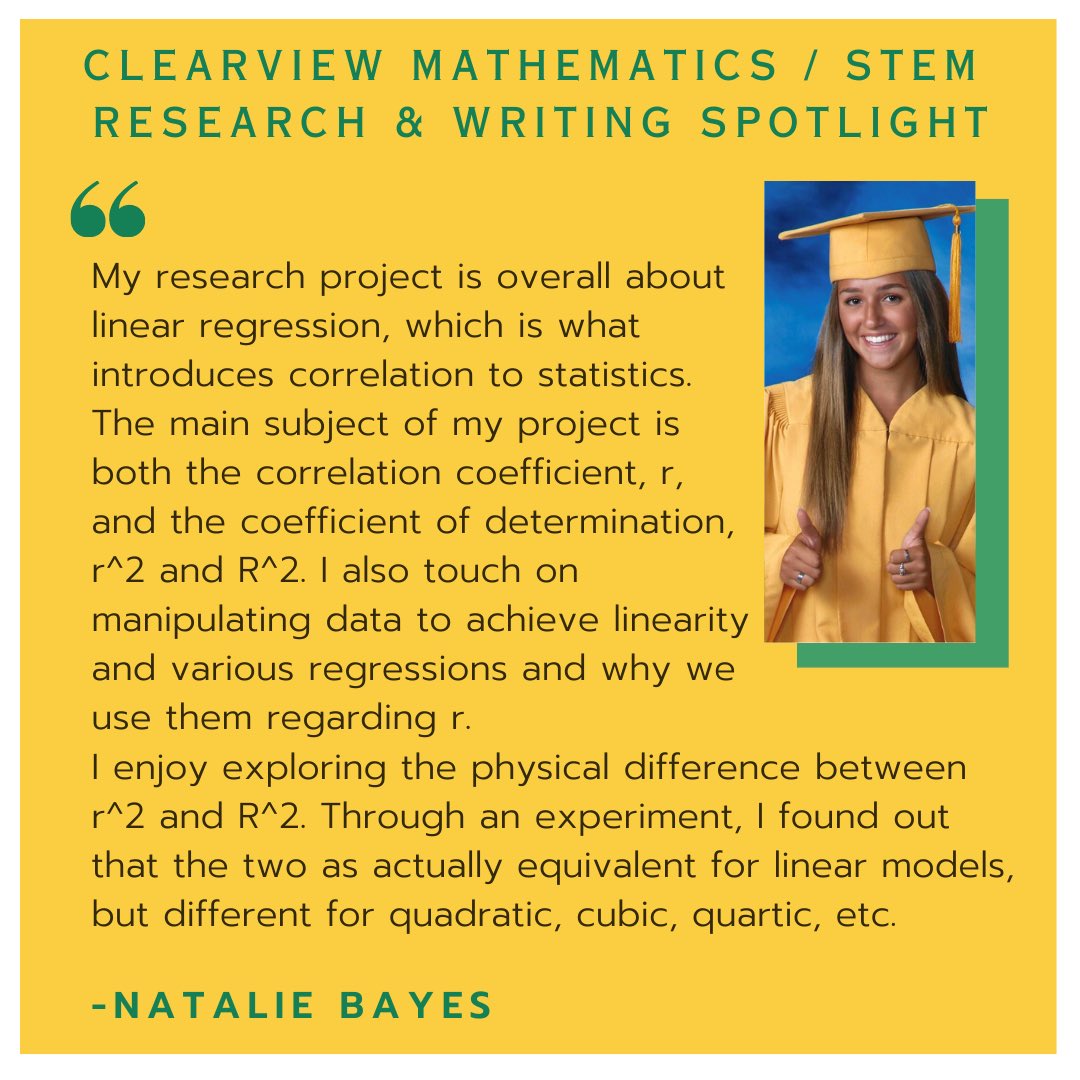 Clearview_NJ's tweet photo. Natalie is taking her enthusiasm for math to the University of Florida. Watch out for this Statistics major - in a few years, she’ll be helping the world analyze all that data!
#ClearviewSTEAM https://t.co/iPfyXQ7UCt