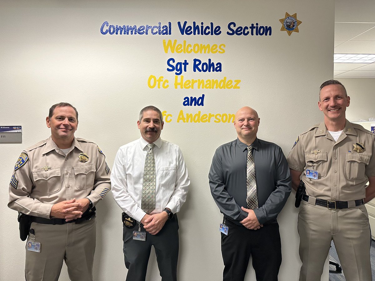 Commercial Vehicle Section and Captain Doko is happy to welcome Officer Hernandez from the Golden Gate Division Commercial Unit, Officer 
Anderson from the Woodland CHP Office and welcome back Sergeant Roha from the Hayward CHP Office. <a href="/CHPHayward/">CHP Hayward</a> <a href="/CHP_CVS/">CHP Commercial Vehicle Section</a> @chp