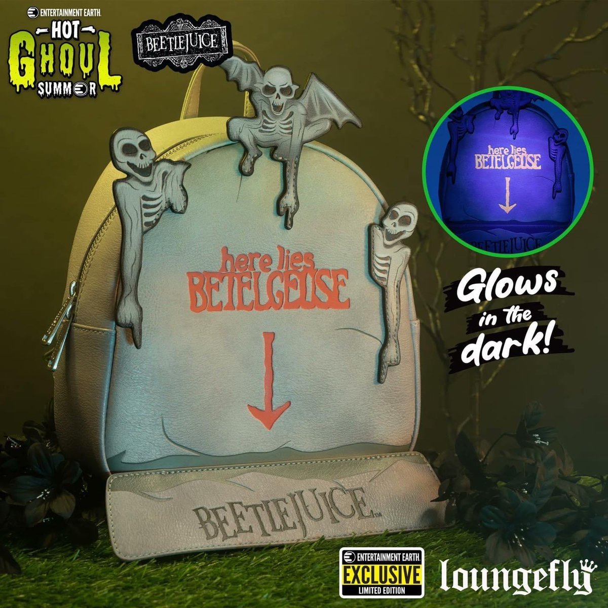CLOSER LOOK: Beetlejuice Tombstone Glow-in-the-Dark Mini-Backpack - Entertainment Earth Exclusive - link info in bio - #beelejuice #loungefly...