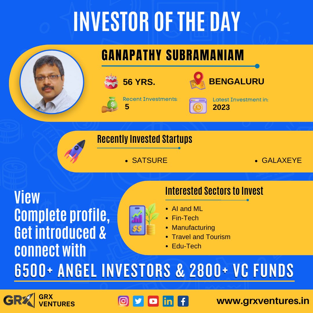 Introducing Ganapathy Shubramaniam, a 56-year-old #investor from Bengaluru. He recently #invested in Satsure, a startup based in Bengaluru. Connect with him and expand your #network #Grxventures
#InvestorSpotlight
#StartupInvestments
#AngelInvestors
#VentureCapital