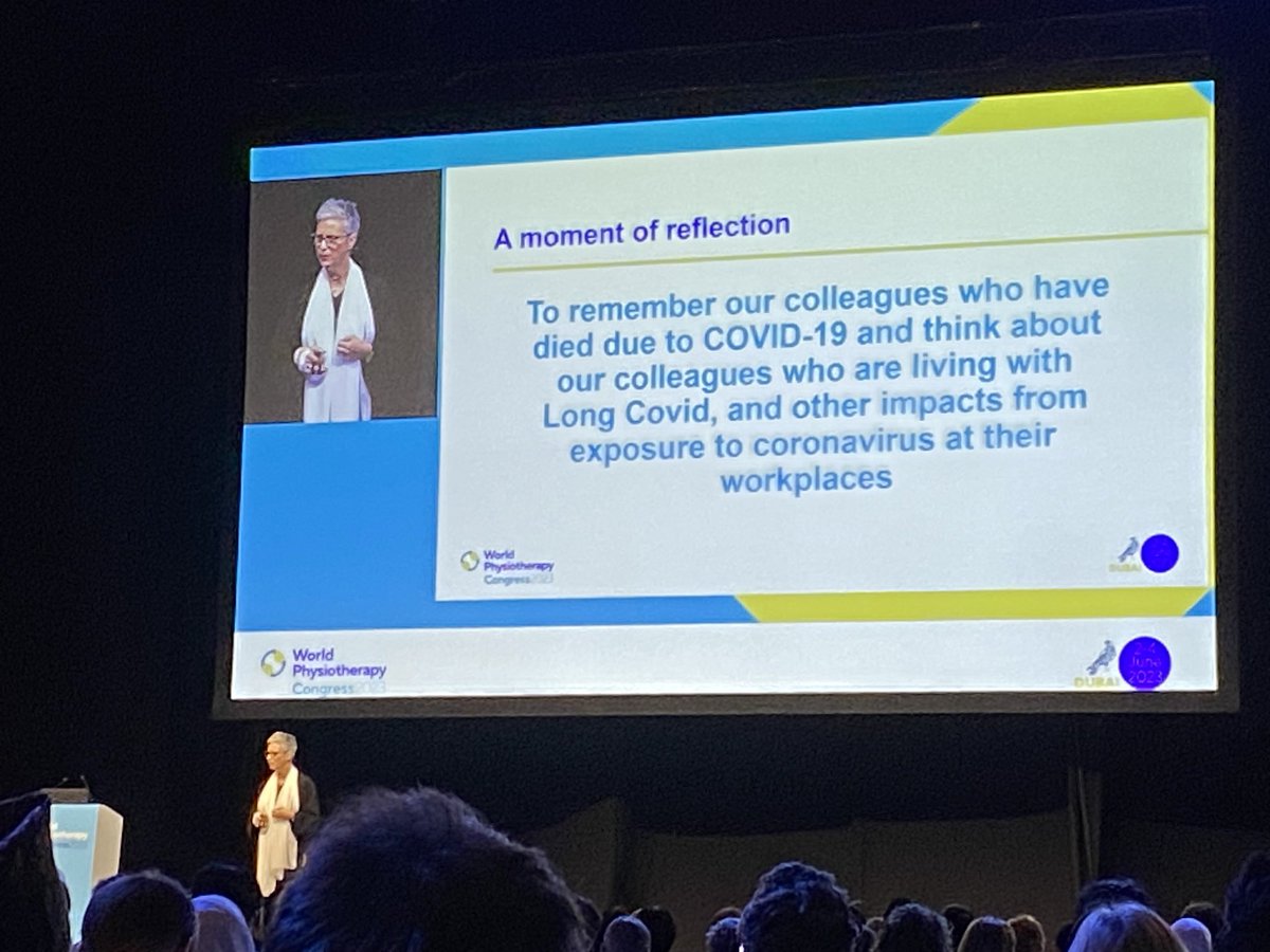 An important moment at World Physiotherapy Congress #WCP2023 ⁦@ekstokes⁩ reflecting on impacts, losses,& incredible efforts & innovations that occurred with Covid-19 - seeing these in the inspiring abstracts ⁦@jvsimmonds01⁩ ⁦@LaurafinucaneB⁩ ⁦@LPhysioprof⁩