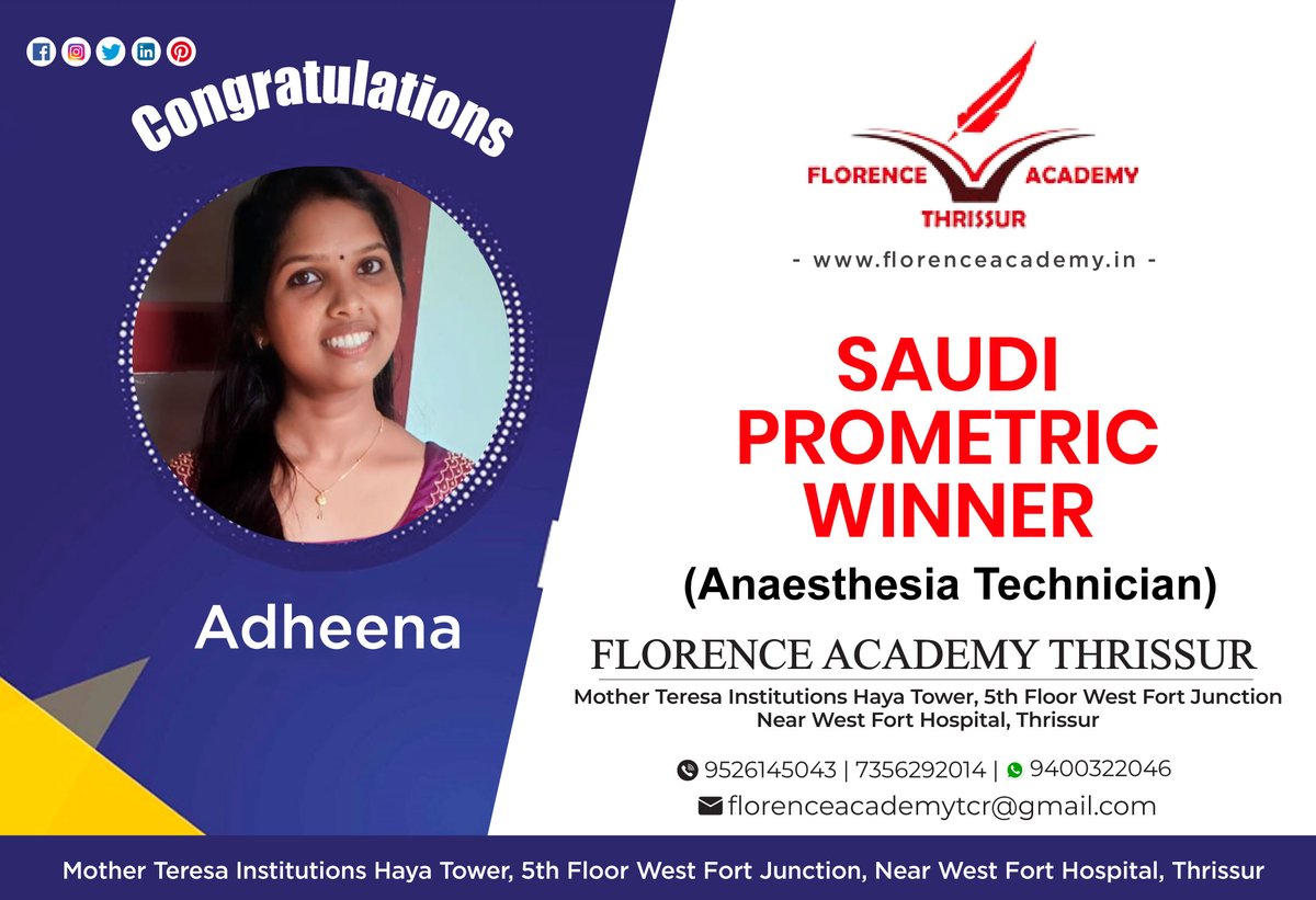 Congratulations, Adheena  (Anaesthesia Technician), on your well-deserved success. We're happy for you!
.
.
.
#Congratulations #florenceacademy #Congrats #winner #AnaesthesiaTechnician #MedicalField #HealthcareProfession #HealthcareCareer #PatientCare #OperatingRoom #Anaesthesia