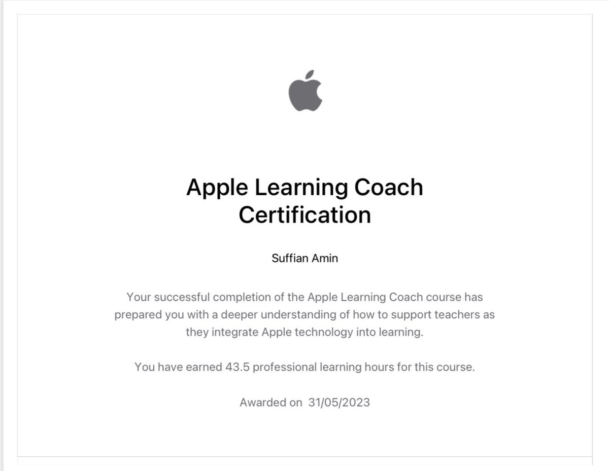 Really delighted to be accepted as an Apple Learning Coach. It is a great honour to be part of  this community of passionate educators dedicated to fostering growth and learning. #AppleLearningCoach