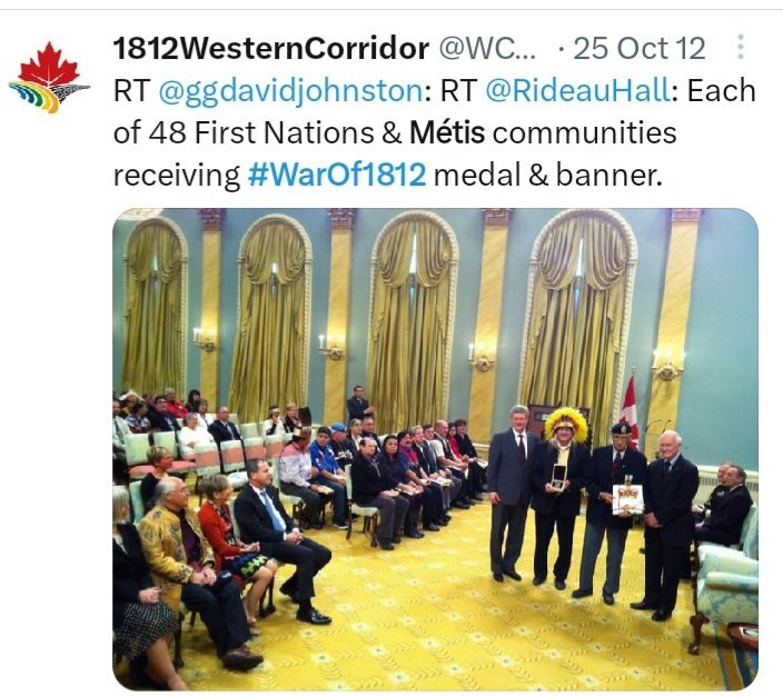LADYALEXANDRIA's tweet photo. @malone_j71 @MirandaMoranSK @SeeksMaria @SmartandSassy11 @EnverXStaline @RACESHIFTERS @notiskwe @ruffleyouover @TheRealPlex @JeremyK75912229 @WokeIndigenous @RussDiabo @CBCIndigenous @oggycane4lyfe @mikmaqmatters @NTVNewsNL @gleocbc @Seb_Malette @MBMetis_MMF @MetisNationON @iskwe @APTNNews @APTNInFocus @tipsforthestory @DarrylLeroux @VeldonCoburn @JustinTrudeau @Sokawahtik #NationalIndigenousHistoryMonth - #ManitobaMetisFederation "Minister" says #Metis #Métis NEVER FOUGHT in #WarOf1812 , yet Clem Chartier ATTENDED Oct. 25. 2012 Ceremony as PRESIDENT of #MetisNationalCouncil, this is EMBARRASSING, #WillGoodon LEARN YOUR HISTORY. #MetisNation https://t.co/6HEBLSesBr