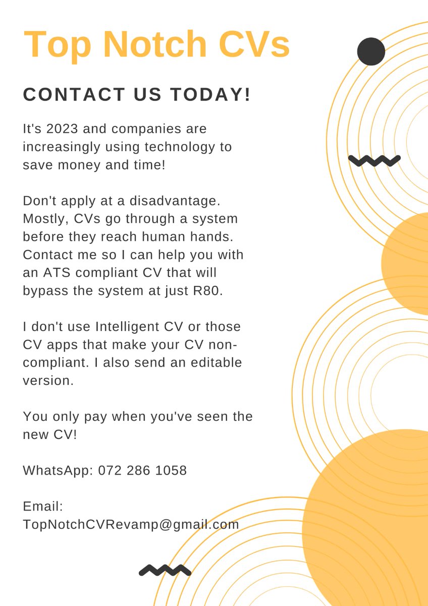 MetjahTebogo's tweet image. #AD

Get your CV and Cover Letter revamped at the lowest price in town. We do high quality ATS compliant CVs at just R80. You also get an editable version.

Contact: 

📧TopNotchCVRevamp@gmail.com

📞072 286 1058