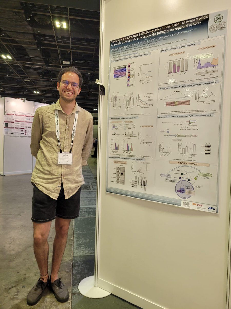 KoehnLab's tweet image. My PhD student @jaime_csanchez presented his poster about the role of the lncRNA FAM30A in acute myeloid leukemia during the RNA Society Meeting in Singapore. #RNA23 #RNA2023 #RTG2467 @unimedhal @UniHalle