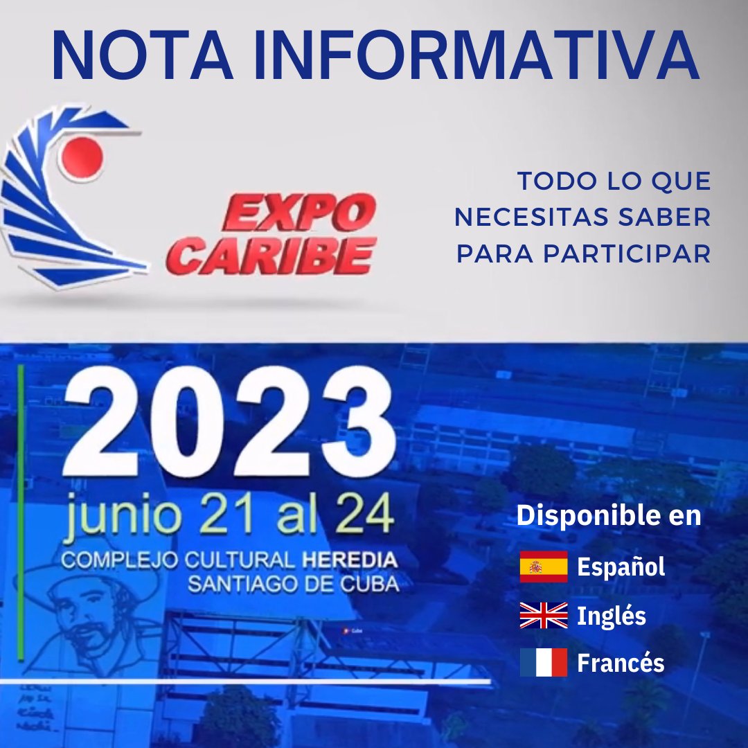 Si aún no te has decidido te compartimos una guía para facilitarte la participación en #ExpoCaribe2023.
🇪🇸 expocaribe.cu/.../NOTA-INFOR…
🇬🇧 expocaribe.cu/.../NOTA-INFOR…...
🇫🇷 expocaribe.cu/.../RENSEIGNEM…...
#Expocaribe #NegociosEnCuba #Feria #Internacional #carribean #business