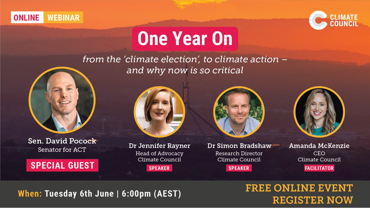 FREE WEBINAR: Join @DavidPocock, @JR_Rayner, Dr Simon Bradshaw and @McKenzieAmanda for an evening of reflection about the year that's been for climate action. 📅 Tuesday 6th June 🕓 6pm AEST Register today! events.humanitix.com/climate-counci…