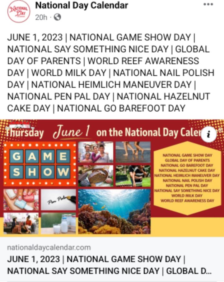 #JUNE1ST #NationalGameShowDay #NATIONALSAYSOMETHINGNICEDAY #GlobalDayOfParents #WorldReefAwarenessDay #WorldMilkDay #NationalNailPolishDay #NATIONALHEIMLICHMANEUVERDAY