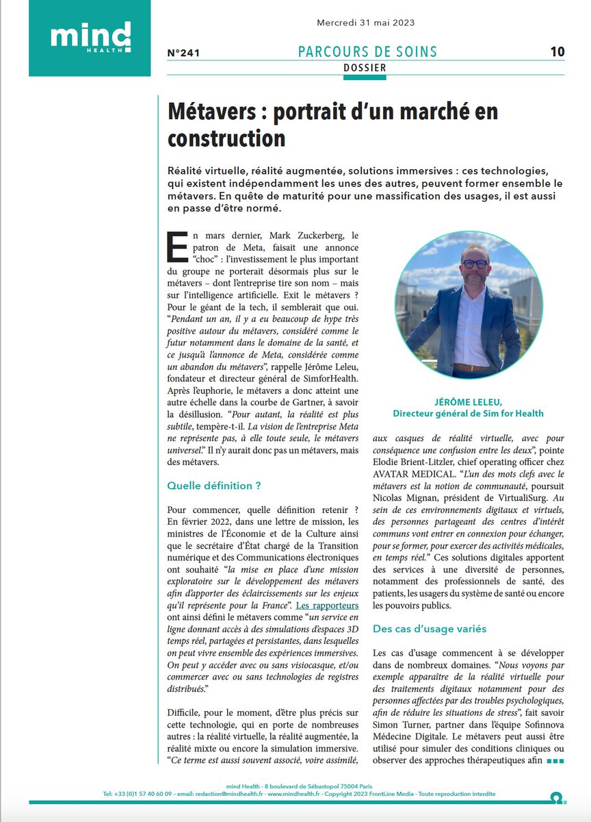 Jerome Leleu (@jeromeleleu) on Twitter photo 📚 #Metaverse & #Santé 📚 Merci à <a href="/mindHealthfr/">mind_Health</a> pour l'interview pour partager la vision de <a href="/SimforHealth/">SimforHealth</a> concernant le développement et la structuration du métavers dans le domaine de la santé
📌 Article de Laure Martin : shorturl.at/cklPZ #Esanté #VR #VendrediLecture 📚 #Metaverse & #Santé 📚 Merci à <a href="/mindHealthfr/">mind_Health</a> pour l'interview pour partager la vision de <a href="/SimforHealth/">SimforHealth</a> concernant le développement et la structuration du métavers dans le domaine de la santé
📌 Article de Laure Martin : shorturl.at/cklPZ #Esanté #VR #VendrediLecture