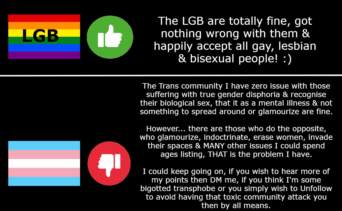 DMs are open to any who wish to talk about this, I've had all sorts of witch-hunts & misinformation spread about me so I'm clearing it up.

I also 'won't out you' depending on your beliefs without your consent as not all my Followers know of my stance on this.
#LGBWithoutTheT