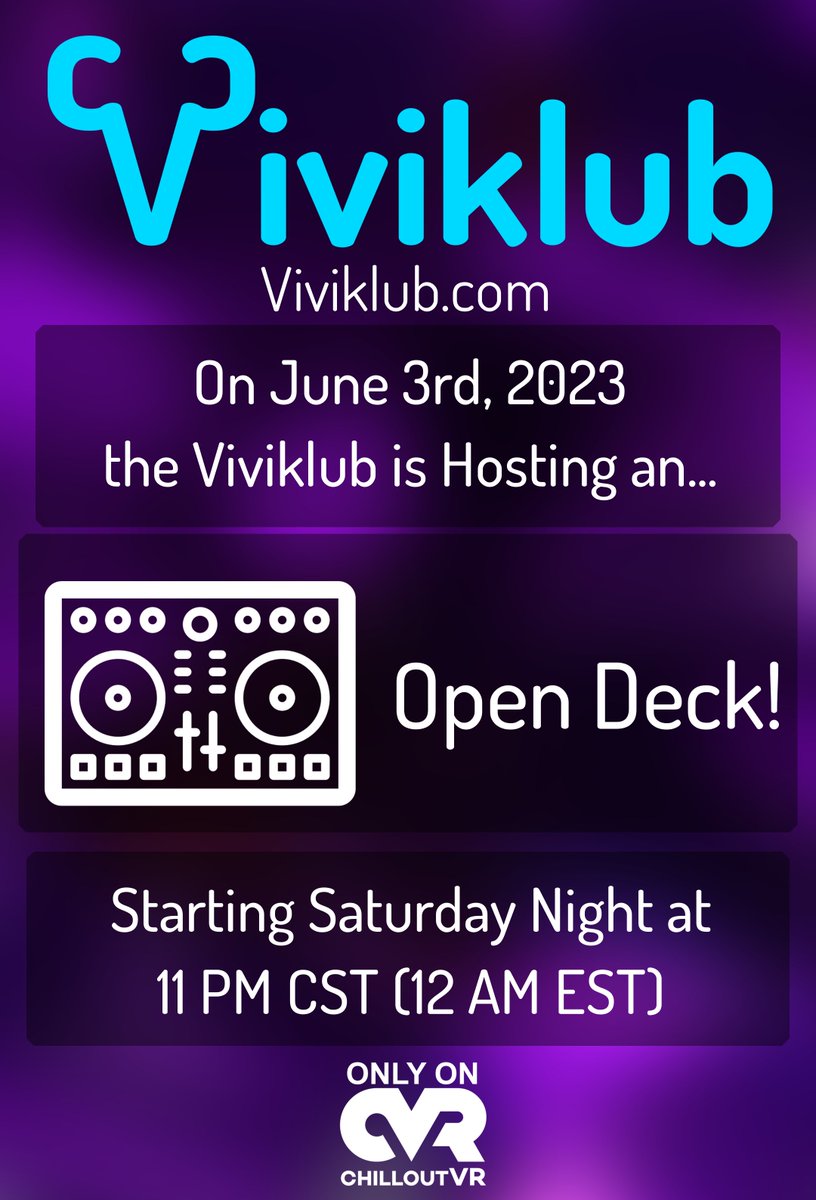 Hey you. Yes, you!

Join Us this Saturday the 3rd at 11PM CST (12AM EST) on #ChilloutVR for some music!

#VR #SocialVR