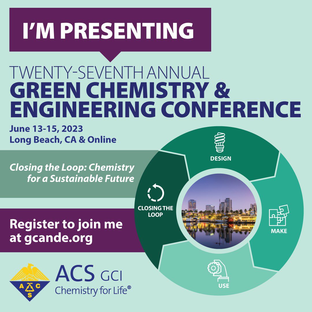 Looking forward to presenting at the 27th annual Green Chemistry and Enginerring Conference and catching up with all my green chemistry friends! #gcande and #greenchemistry. gcande.org