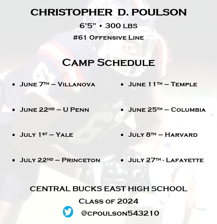 Here is the list of camps I will be attending this summer!
<a href="/CBEastFootball/">Central Bucks EAST Football</a>