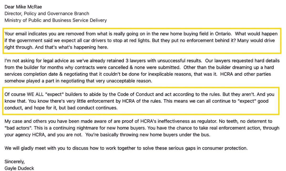 @hcraontario So many more bad builders & 1000’s of new home buyer complaints to #HCRA that they ignore!  Here’s my reply to Director of Ministry oversight for HCRA who states the Ministry is not allowed to intervene in HCRA complaints?