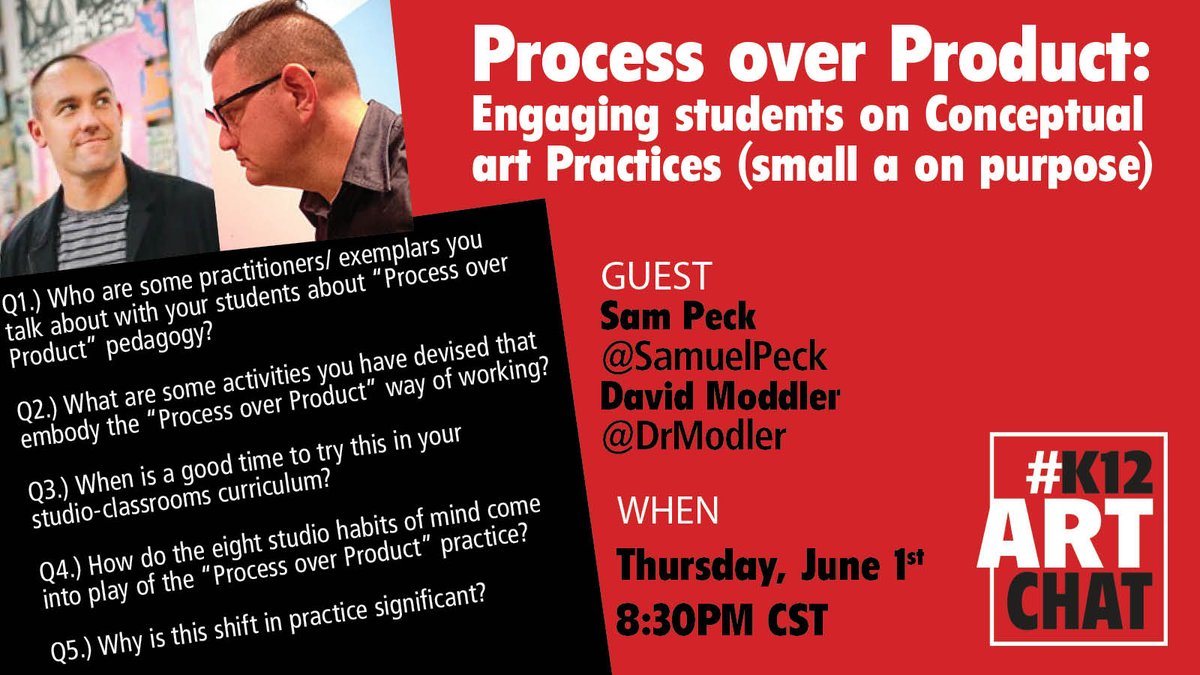 Take a look at these questions and join #K12ArtChat in 30 mins as #TeamGrundler talks with guest hosts @SamuelPeck & @DRModler abt Engaging Ss on Conceptual art Practices. Process over Product. @NAEA @SchoolArts @AdobeForEdu #NAEA23