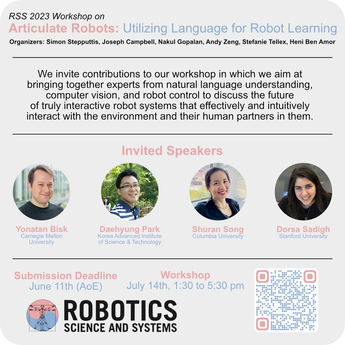 SimonStepputtis's tweet image. We extended the deadline of our #RSS2023 workshop to June 11th!
Join us on July 14th at @RoboticsSciSys for our panel of exciting speakers and share your work to discuss the future of articulate robots!
More information and submission instructions: sites.google.com/andrew.cmu.edu…