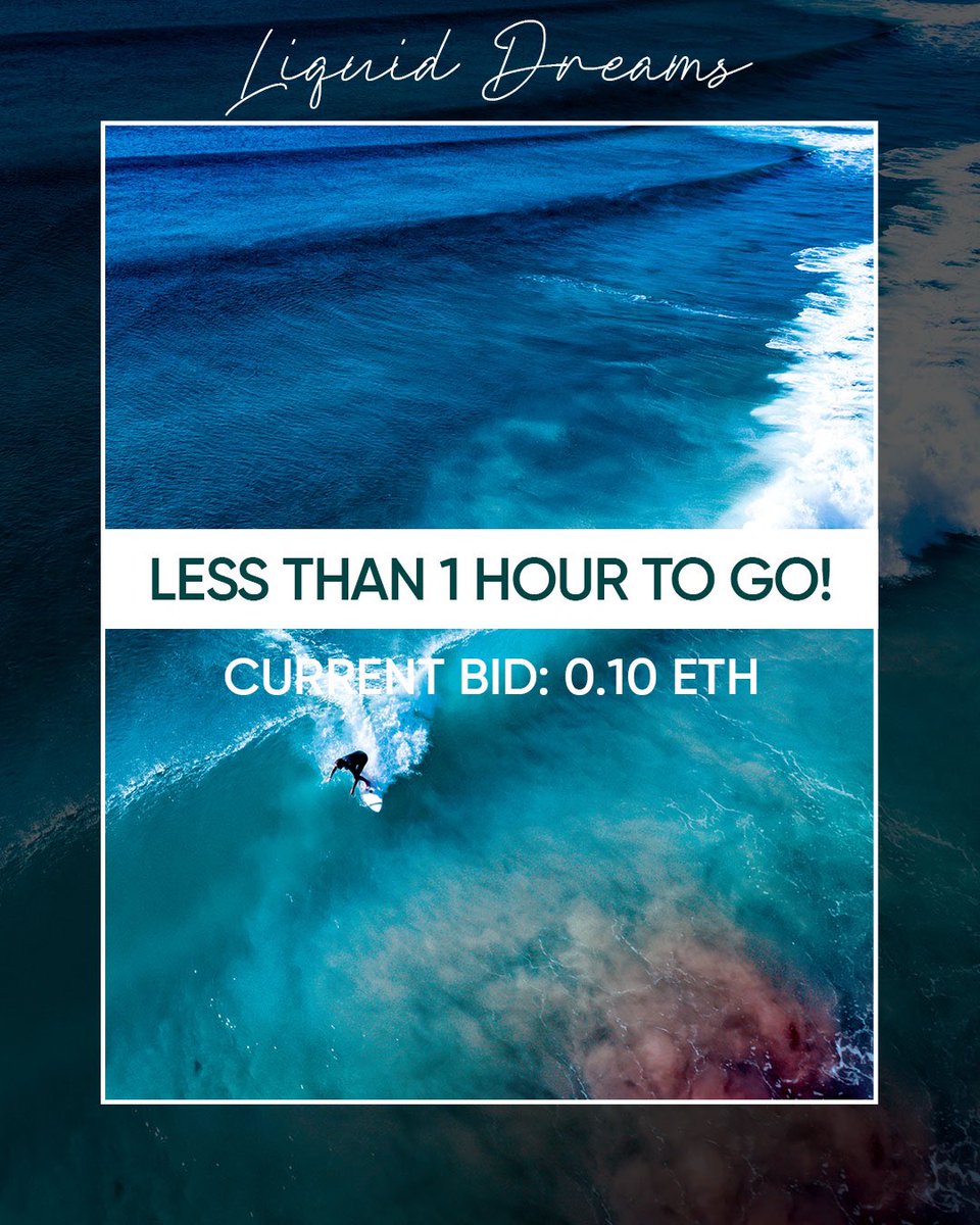 Less than 1 hour to go! 🙌
Current bid: 0.10 ETH

'Liquid Dreams' captures the essence of the surfing experience, where reality and imagination converge in a mesmerising display of movement and beauty.