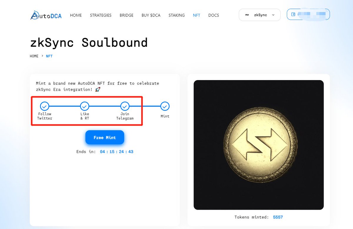 zks 一个free mint  nft，只需一点gas，可以用来完成周活任务，多交互一个合约！手动改下gas别太过分就行！

前三个任务点一下就自动校验完成了不用真的去完成！

领取地址：
autodca.io/nft