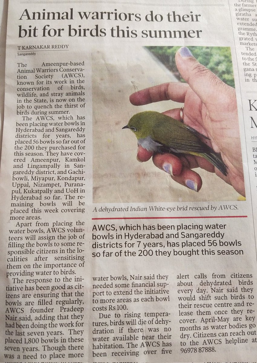 #Telangana 
#Hyderabad
#birds 
#AWCS 
I request everyone please keep water bowls at near by places to save birds in summer. I request our beloved young leader Sri  KTR garu  @KTRBRS to implement same in our Telangana government organisations. @KTR_News  @TelanganaCMO
Thank you.