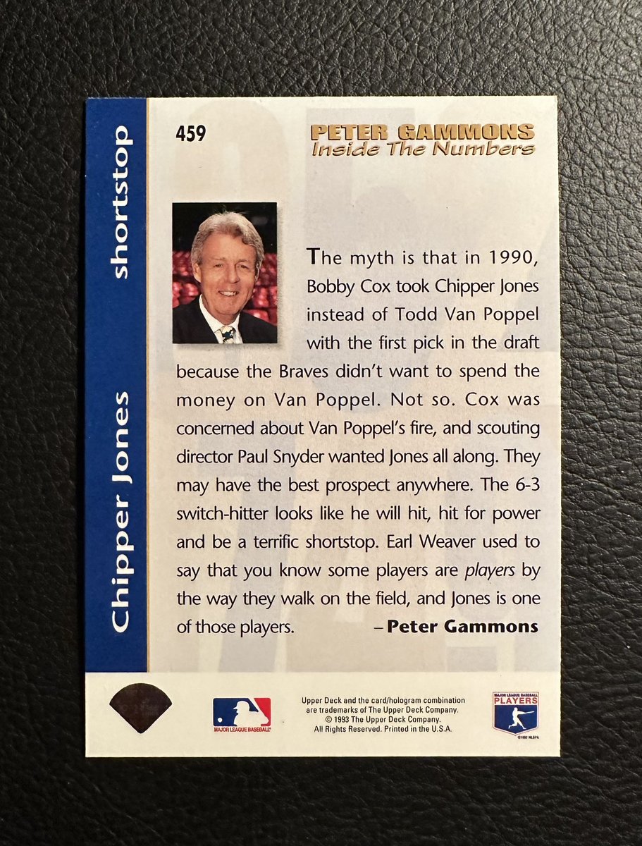 1993 Upper Deck Chipper Jones Inside The Numbers. Little Van Poppel drama involved here. Read the back of this card! Braves made the smart move although we all thought Van Poppel cards would have us in Lambos and Ferraris today. #junkwaxhistory #junkwax #chipperjones #cards