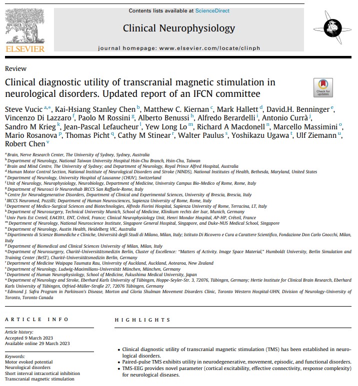 [Editor’s Choice Jun 2023] Vucic et al. Clinical diagnostic utility of transcranial magnetic stimulation in neurological disorders. Updated report of an IFCN committee. Clin Neurophysiol 150:131-175.
Open access doi.org/10.1016/j.clin…

Editor's commentary facebook.com/ClinicalNeurop…