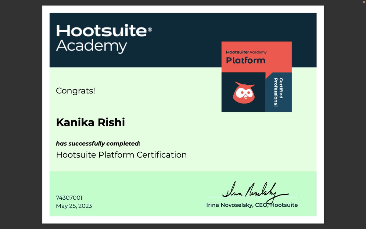 Proud to share that I've earned my Hootsuite Academy Platform Certification! 🌟📚  

@GbcollegeD  @gbcollege_dex @GBCollege 

#B433 #MARK4022 #GEORGEBROWN

#HootsuiteCertified #SocialMediaManagement #socialmedia