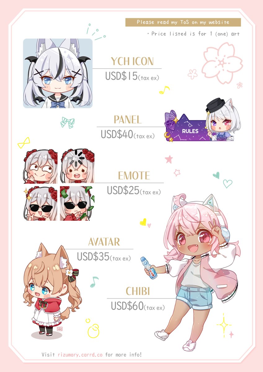 🌸JUNE CM OPEN🌸
✤ Visit rizumary.carrd.co for more samples and info
✤ For non paypal user: vgen.co/rizumary

 #commissionsopen #Commission #emoteartist #VTuberAssets #TwitchEmoteArtist #Vtubers #TwitchStreamers
