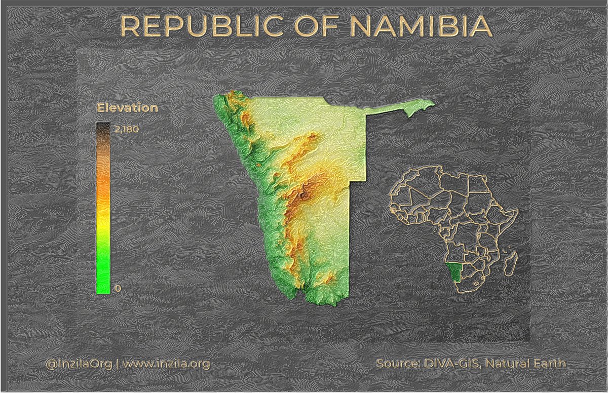 Elevation map --- Republic of Namibia
Dark tone.
Blender shaded relief.

#b3d #Qgis #Inkscape #gischat #geospatial #Datavisualization #Dataviz