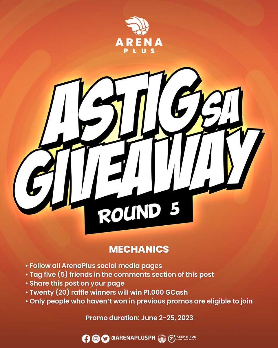 Mga ka-ArenaPlus, oras na for round 5! Sali na by going to our FB page and following these mechanics! 

Promo duration: June 2-25, 2023 

#ArenaPlusPH #AstigSaSports #AstigSaGiveawayRound5