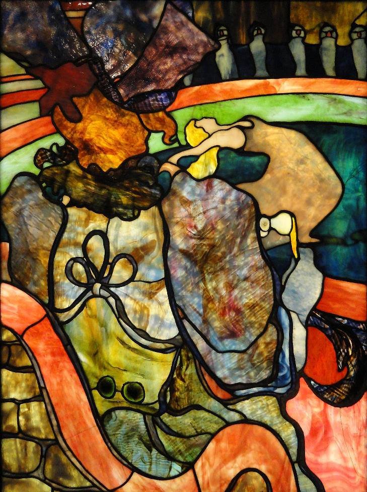 Henri de Toulouse-Lautrec (French, 1864-1901)
& Louis Comfort Tiffany (American, 1848-1933)
Papa Chrysanthemum at the New Circus (c. 1894)
Stained glass: 'American' glass, cabochons, 120 x 85 cm. Musée d'Orsay, Paris