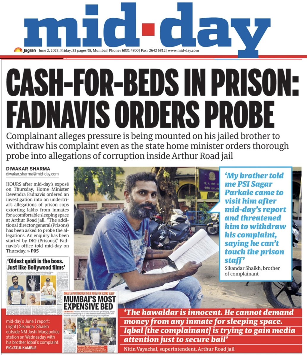 DiwakarSharmaa's tweet image. Hours after @mid_day’s exposé, Home Minister #DevendraFadnavis ordered an investigation into an undertrial’s allegations of prison cops #extorting lakhs from inmates for a comfortable sleeping space at #ArthurRoad jail. 

None of the #CCTVs at jail works, said #superintendent