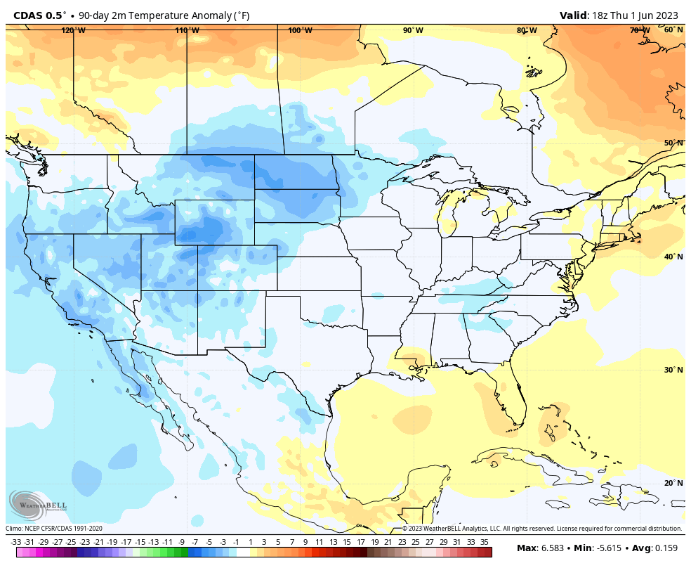 JunkScience's tweet photo. Almost all of America cooler than 1991-2020 average for March-April-May.

Lots more CO2 + But cooler temps = Climate hoax. https://t.co/pMjQn5NOEi
