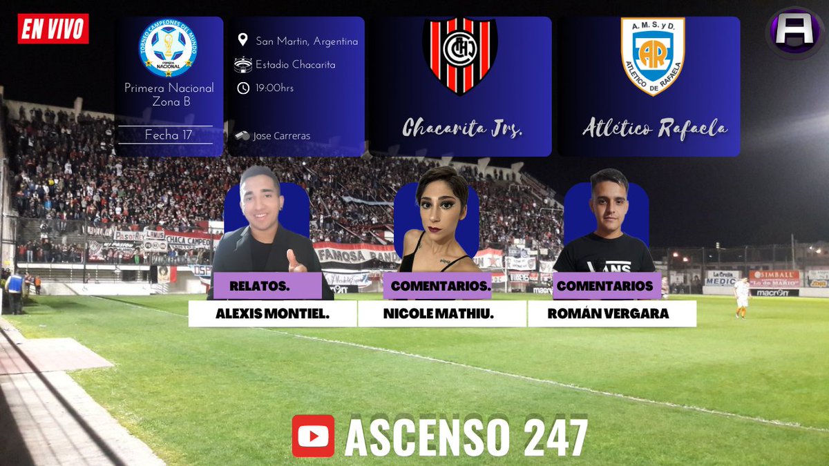 #PrimeraNacional | #Chacarita vs. #AtleticoRafaela 

🎙 Relatos: <a href="/AlexisMontiel0/">Alexis Monti</a>
🎙 Comentarios: <a href="/RomnAlaniz2/">Román Alaniz 🤩🃏</a>
🎙 Comentarios: <a href="/NickyMathiu/">Nicky Mathiu</a>
💻 #PrimeraNacionalEnAscenso247 
▶️ youtube.com/live/W6Oa1Th5_…
🔄 DALE RT
