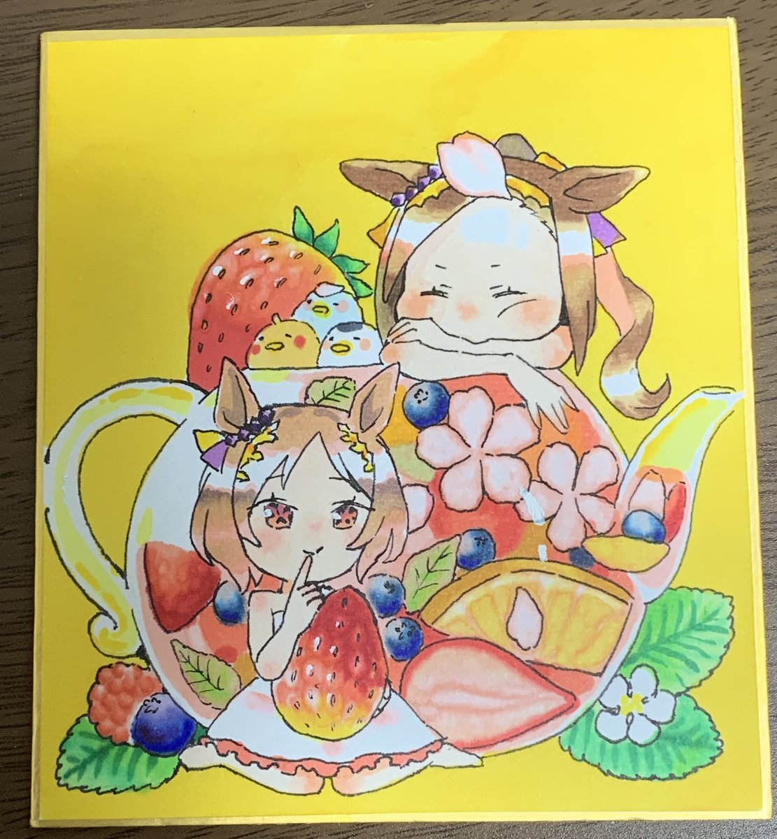 2girls fruit multiple girls animal ears strawberry food brown hair  illustration images