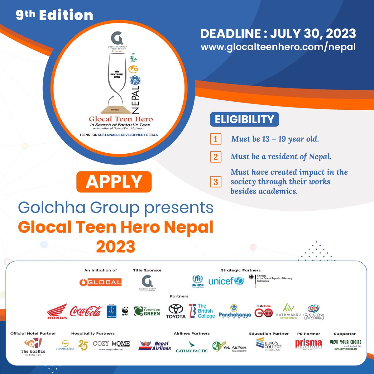 Golchha Group Presents Glocal Teen Hero application open now. 

We are happy to have amazing partners. We are soon coming to your cities to meet teenagers. 

If you are 13-19 years old and doing something impactful in the society, Start applying, Teens; glocalteenhero.com/Nepal