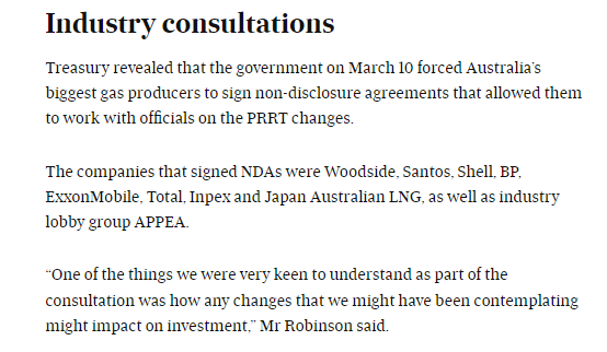 MarkOgge's tweet photo. Turns out the weak changes to the PRRT were designed by Woodside, Santos, Shell, BP, Total, Inpex, Japan Australia LNG and APPEA...oh yeh, and Treasury
This is what regulatory capture looks like #auspol
https://t.co/LPO7Q2iyox https://t.co/ODzmdAHb7m