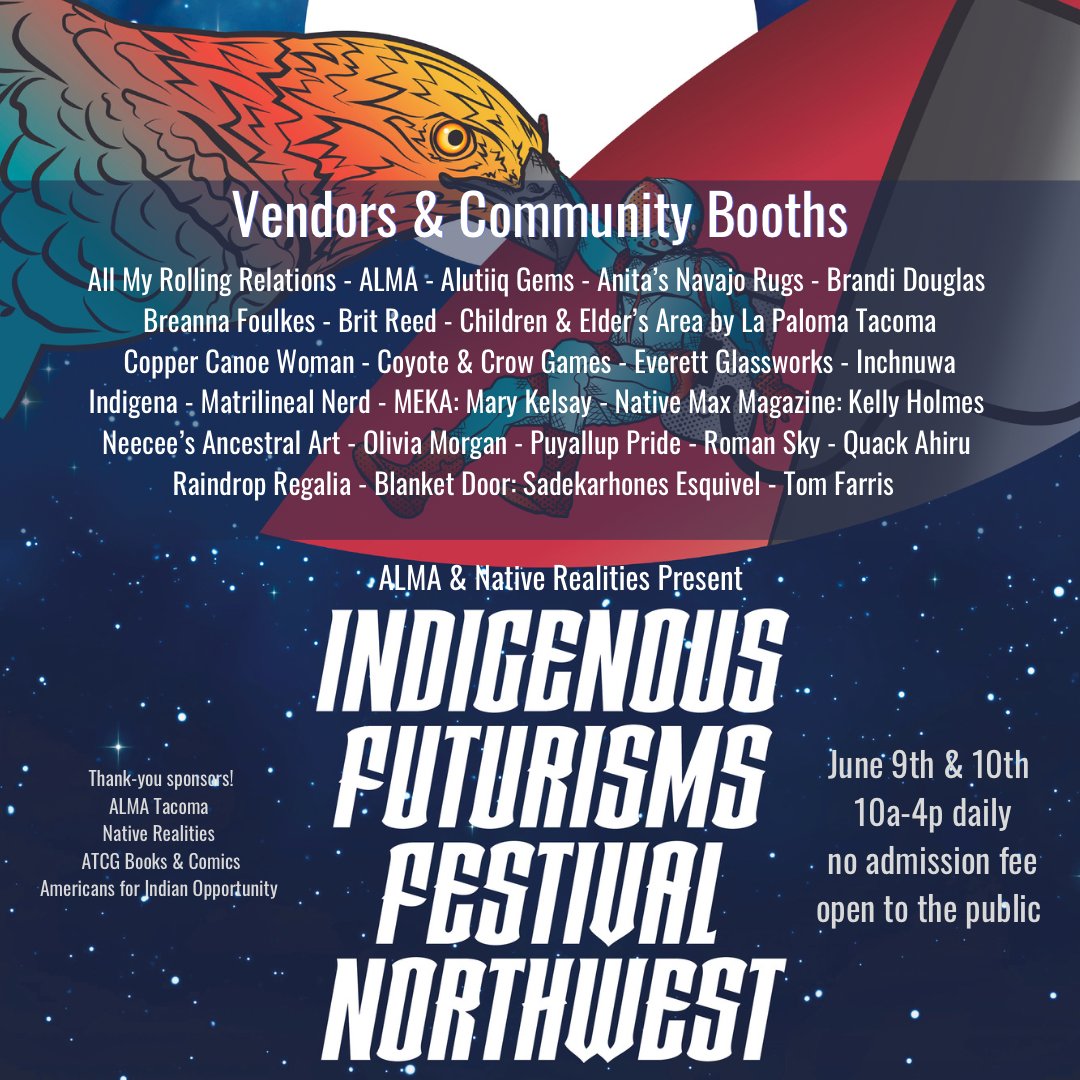 Say hello to all the wondertastic vendors who'll be gracing the INDIGENOUS FUTURISMS FESTIVAL NORTHWEST NEXT WEEKEND! It's FREE to attend, so come by and support all these #NativeCreatives!

⚠️ Event info  fb.me/e/qHGCpLTtR
⚠️  Free Ticket info  almatacoma.com/upcoming-shows…