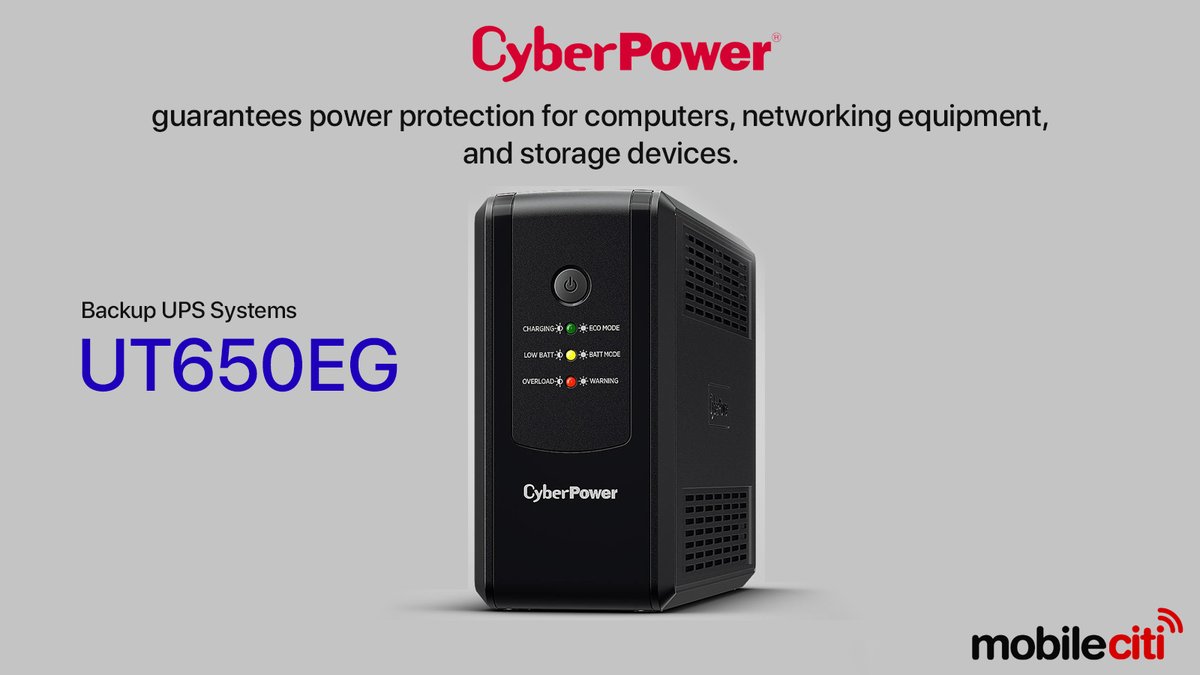 🔋CyberPower UT650EG 650VA/360W Tower UPS

👉Available on Mobileciti 

👉Buy Now: bit.ly/3MNM8WT

#cyberpower #ups #towerups #generators #genset #solar #technology #internet #voltage #led #instagram #upsstore #router #gaming #batterybackup #newarrivals #bestsellers